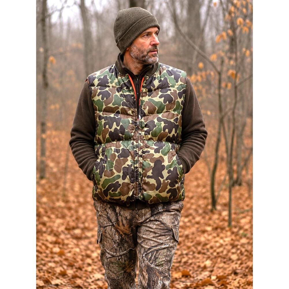 Reversible Down Puffer Vest Camo Blaze Orange Hunting Large